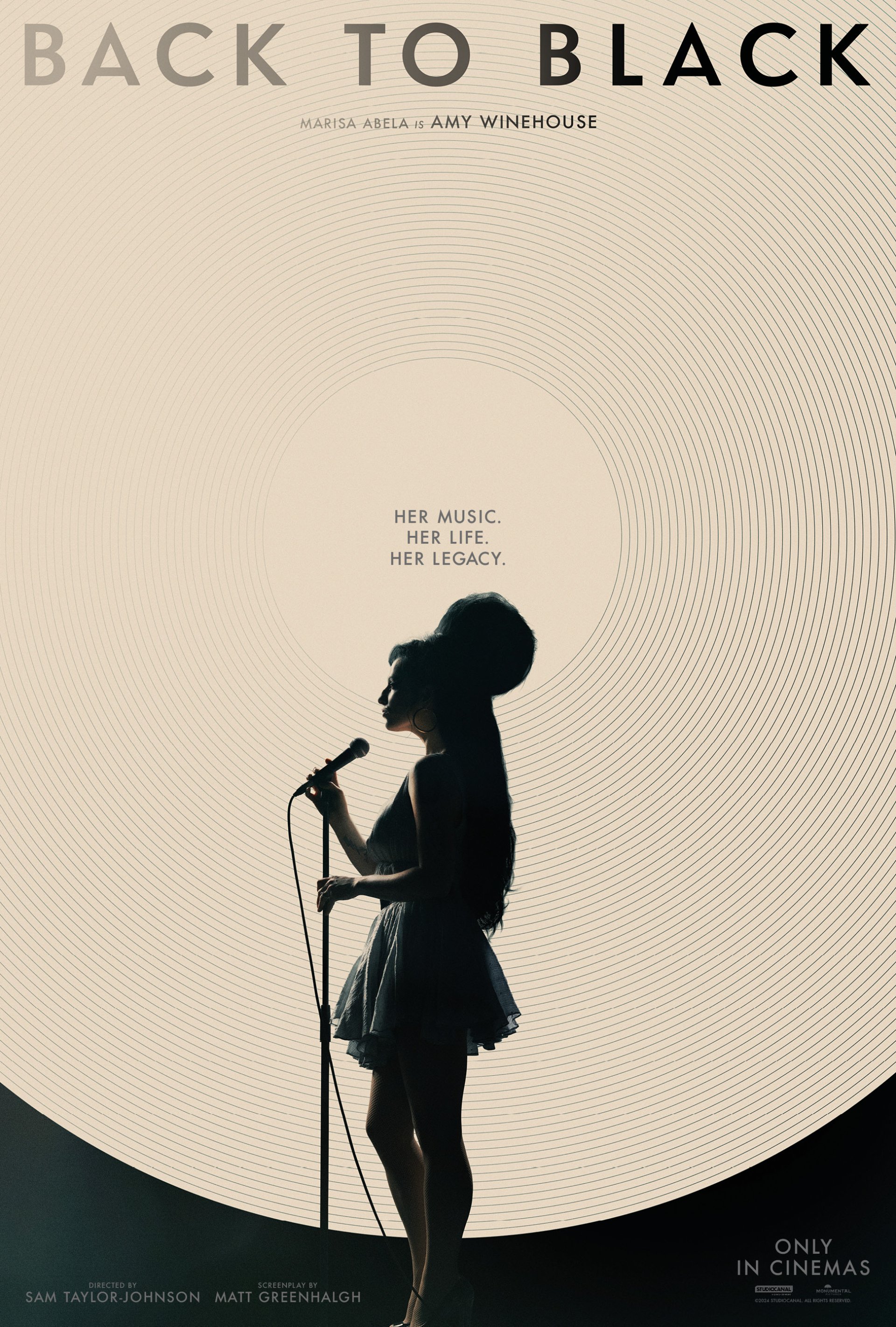 Movie poster for Back to Black, featuring Marisa Abela as Amy Winehouse. The silhouette of Winehouse singing into a microphone dominates the image, with the tagline Her music. Her life. Her legacy.