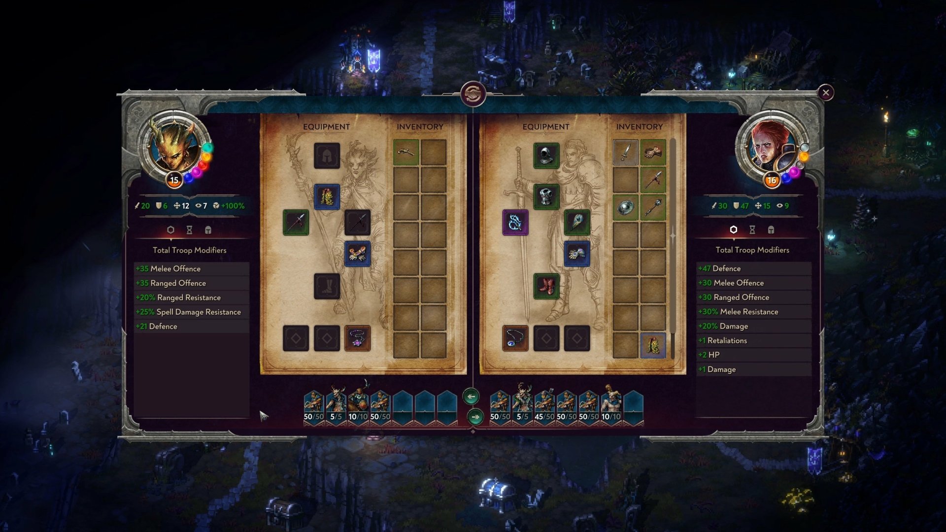 Screenshot of the video game Songs of Conquest showing an in-game interface with two detailed character skill trees side by side, set against a dark, fantasy-themed background.