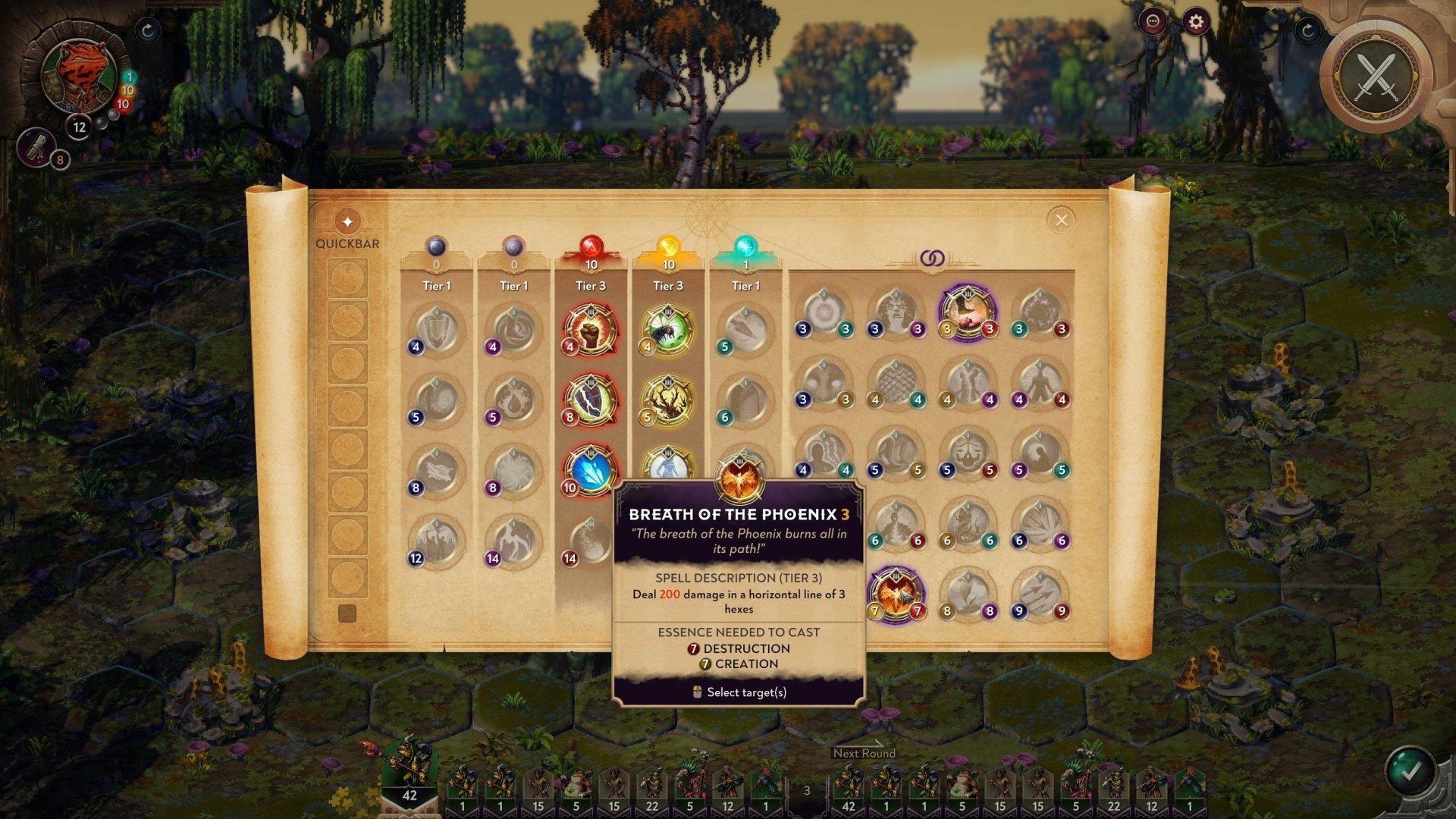 Screenshot from the video game Songs of Conquest, showcasing an in-game skill tree menu with various abilities and their descriptions.