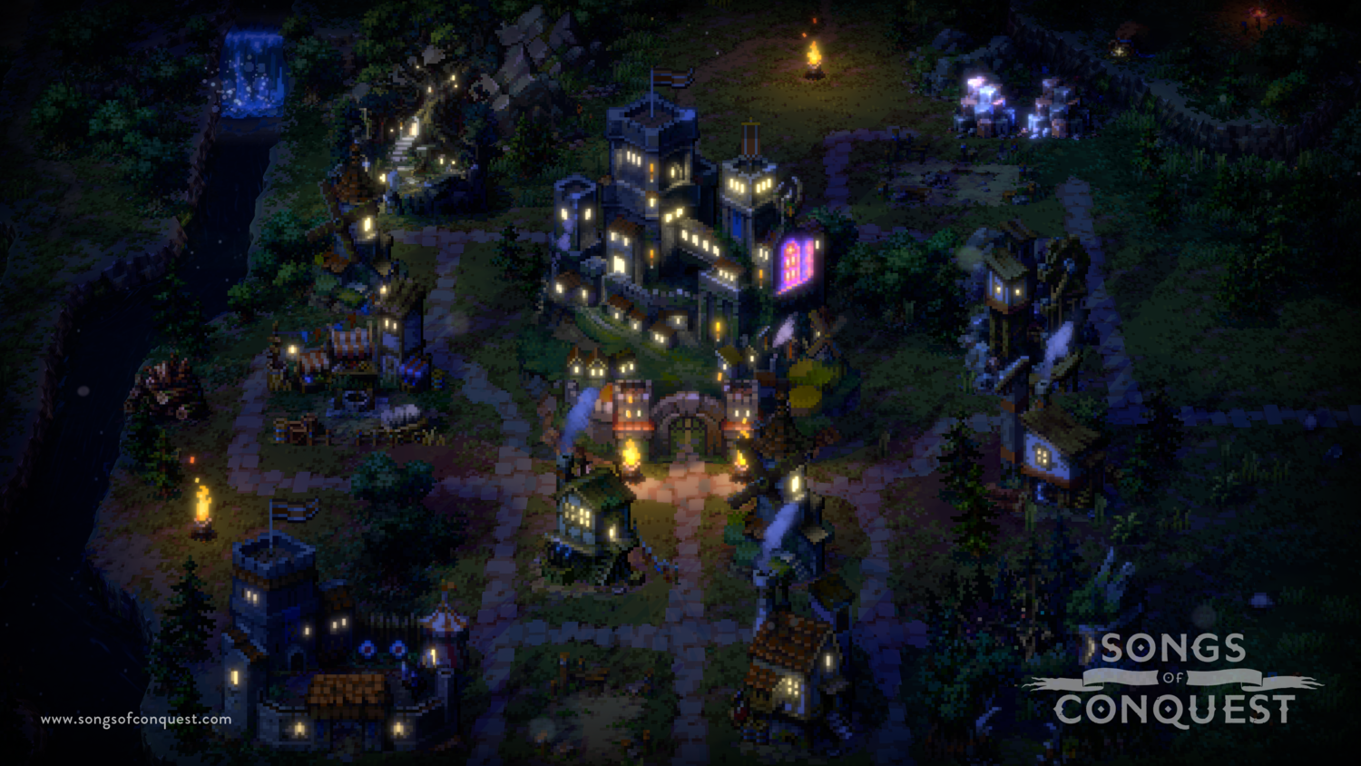 Nighttime scene from the video game Songs of Conquest, featuring a medieval town illuminated with glowing lights, surrounded by dark forests and rivers.