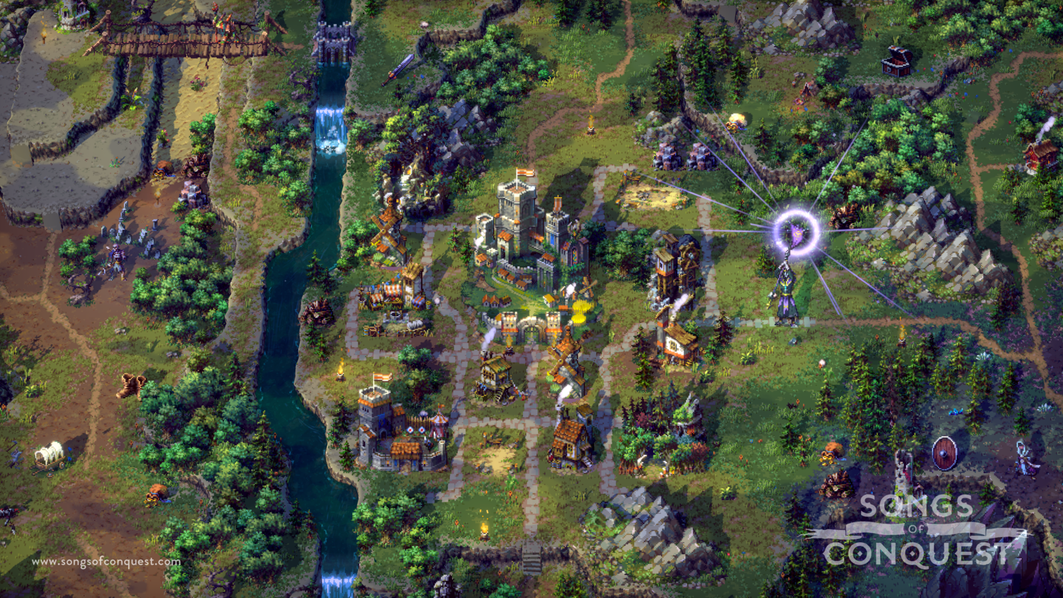 A vibrant and detailed top-down view of a fantasy landscape from the video game Songs of Conquest, featuring castles, rivers, and various terrain elements. The game's logo is visible in the bottom right corner.