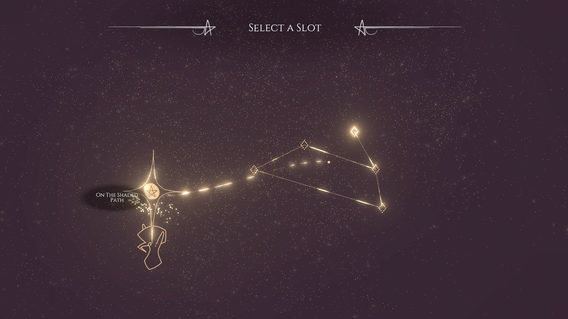 A screenshot from the video game Hauntii, showing a constellation with glowing nodes connected by lines, and the text Select a slot at the top of the screen.