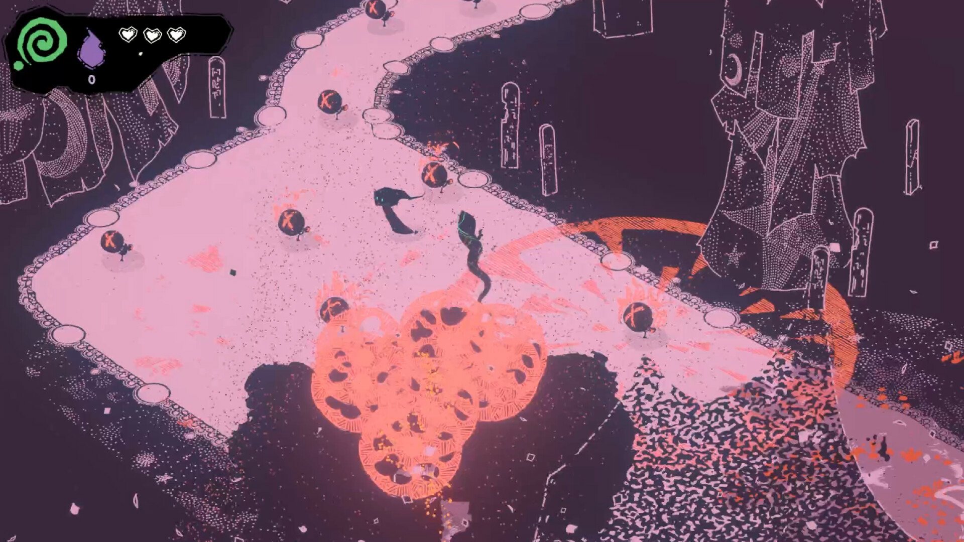 An image from the video game Hauntii, showing a dark, surreal landscape with pathways, scattered orbs, and shadowy figures. Otherworldly graphics and vivid colors depict a unique, eerie scene.