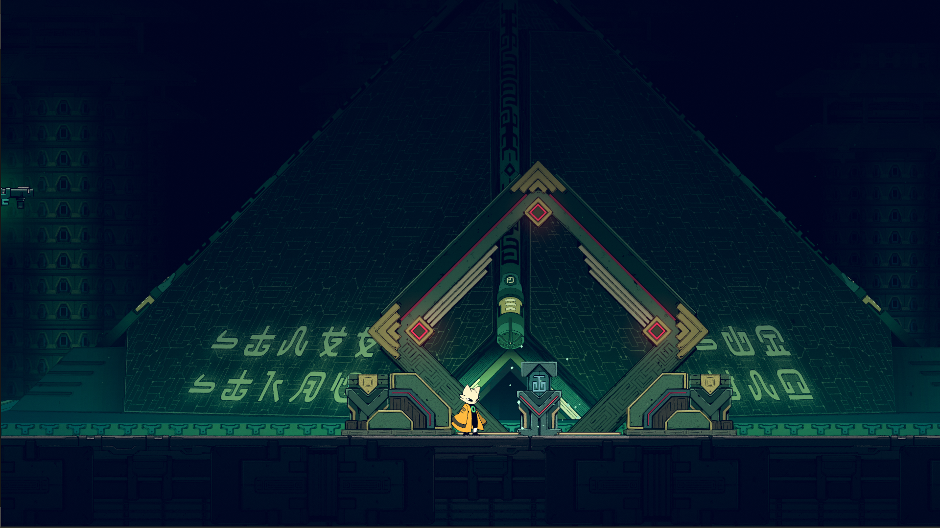 A screenshot from the video game Nine Sols, showing a character standing before a large, futuristic triangular structure with glowing symbols and intricate designs.