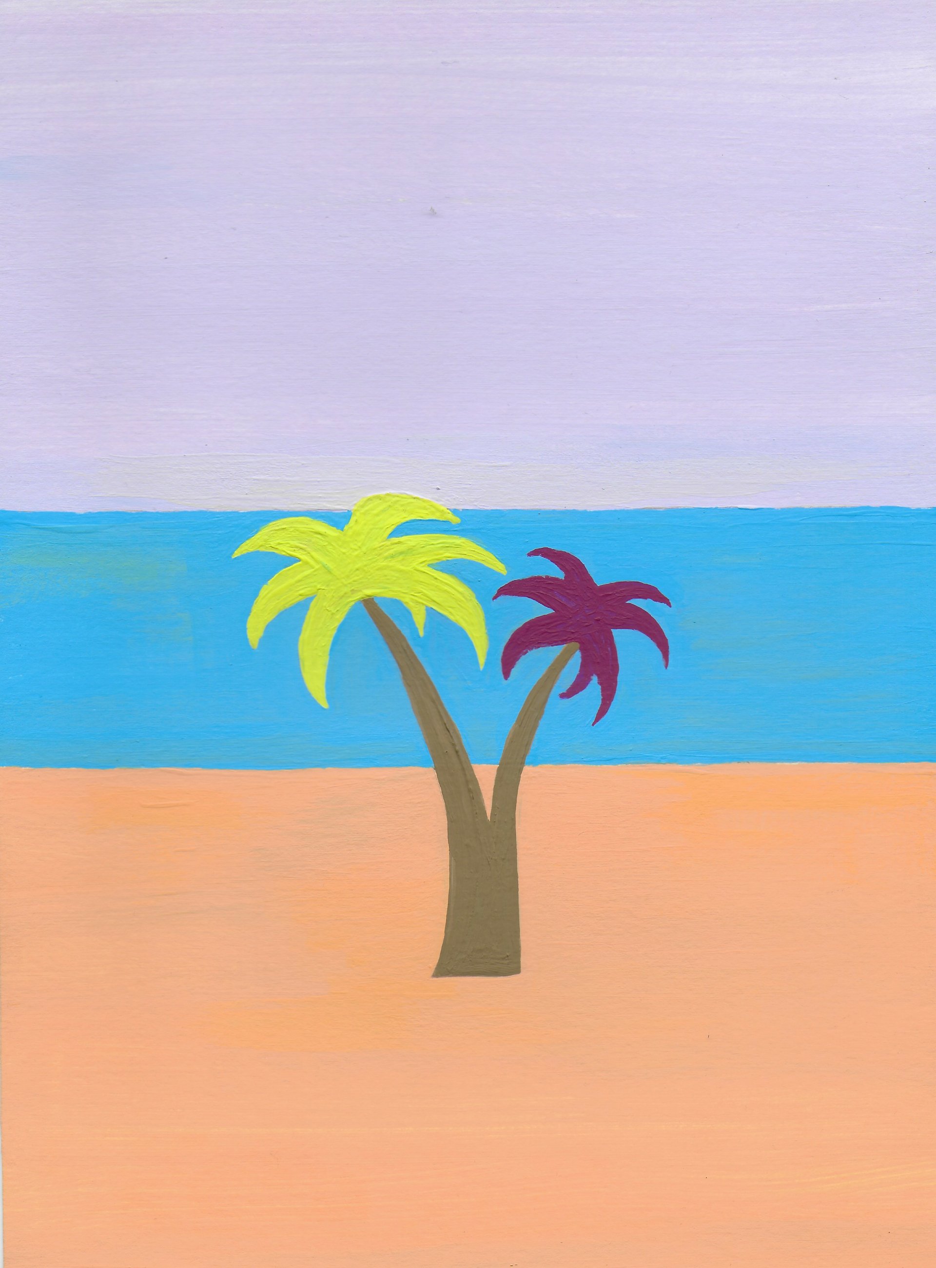 Two palm trees on a beach, vintage colors by olipaintfr