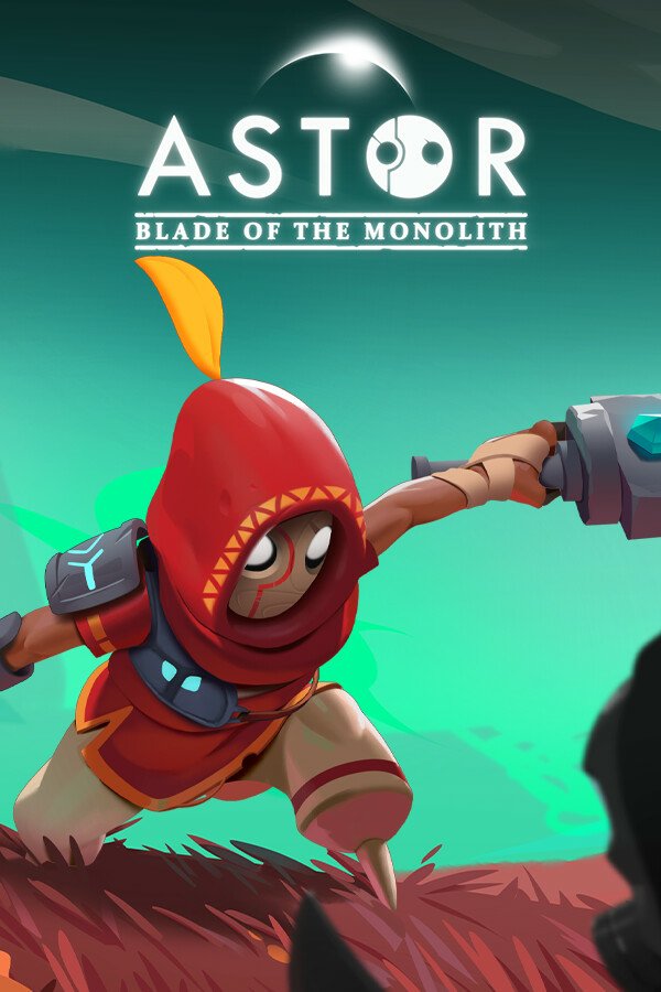 Cover art for the video game Astor: Blade of the Monolith, featuring a character in a red hooded outfit wielding a weapon in a dynamic pose against a green and blue background.