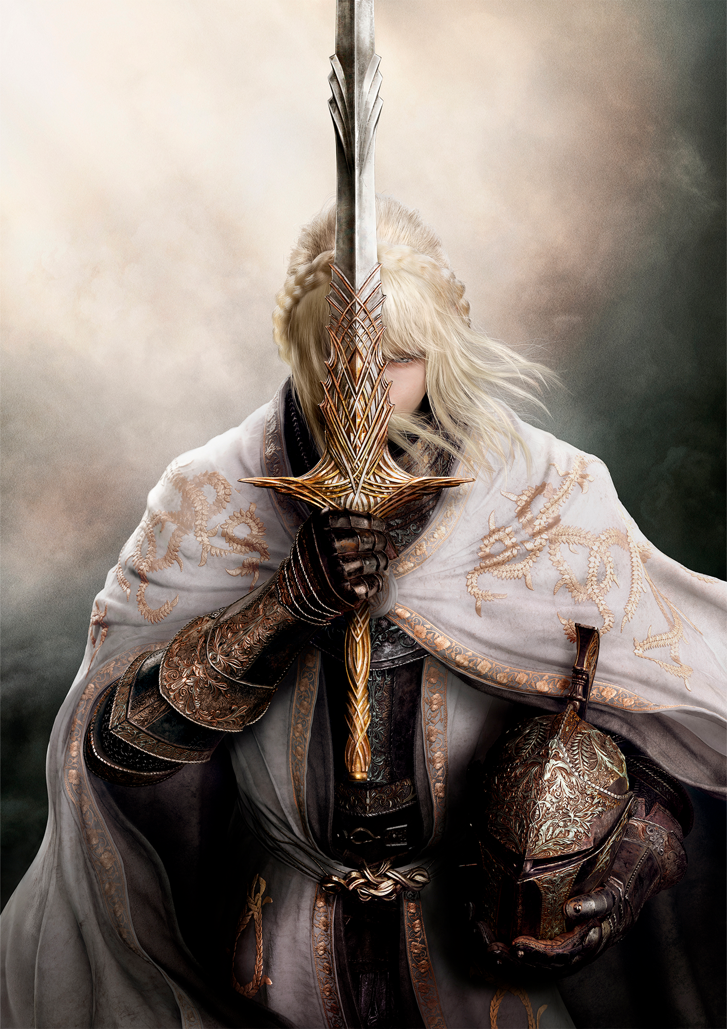 A knight from Elden Ring stands holding a detailed golden sword vertically, with a helmet in the other hand, set against a smoky, ethereal background from Shadow of the Erdtree.