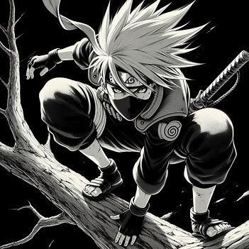 Kakashi Hatake crouches on a tree branch in a dynamic pose, wearing his signature ninja attire with a mask and headband, set against a dark background.