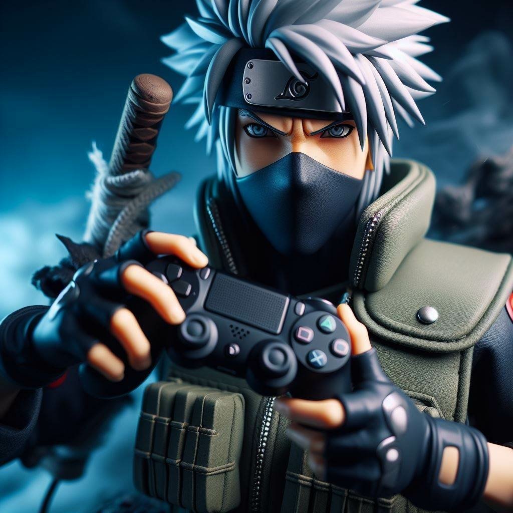 Kakashi Hatake, wearing his signature headband and mask, is intensely focused while holding a video game controller against a dramatic blue background.