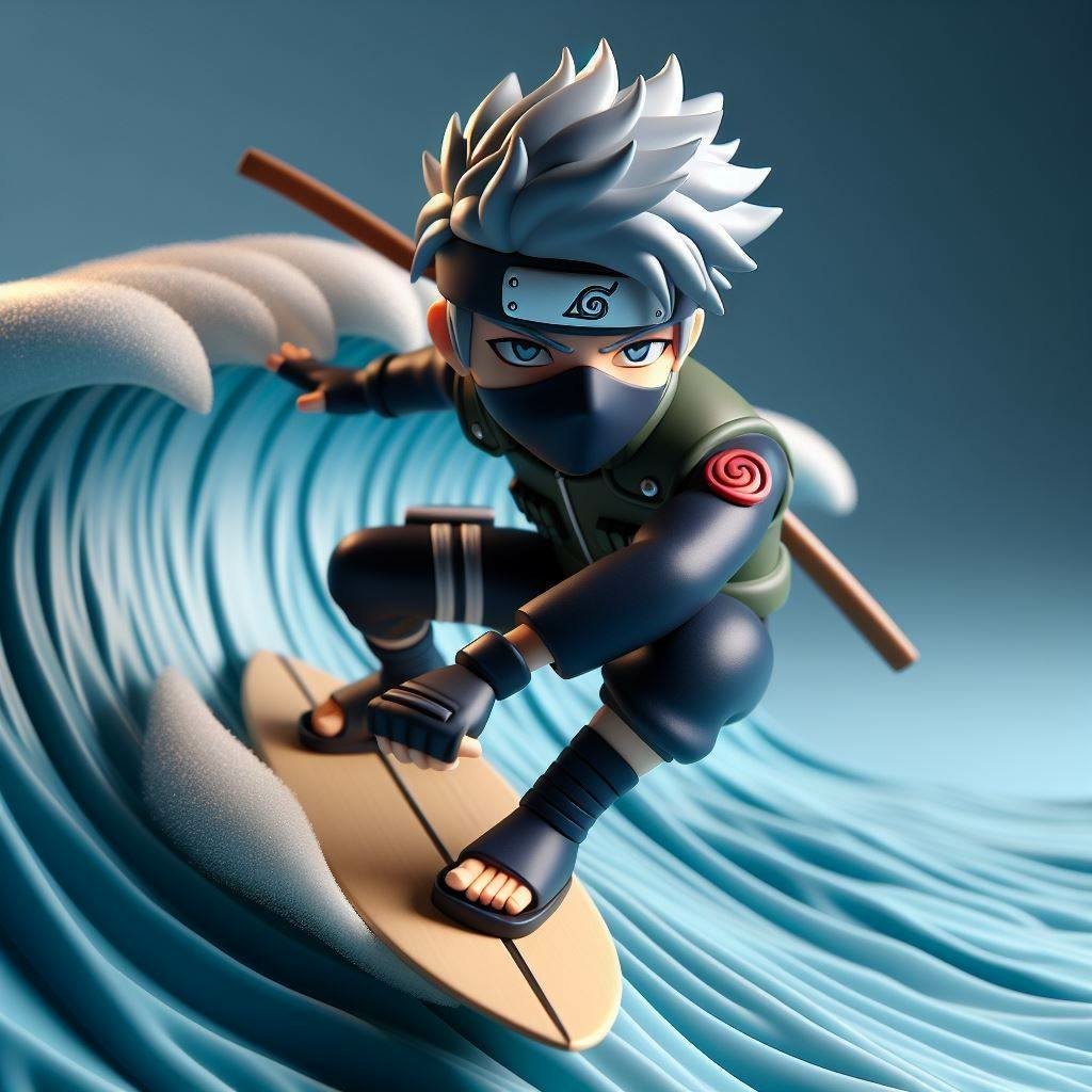 Chibi-style Kakashi Hatake surfing a stylized blue wave, wearing his Leaf headband, mask and shinobi vest, crouched on a wooden board while gripping a staff.