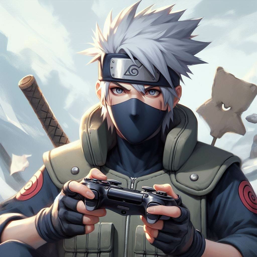 Kakashi Hatake with his signature silver hair and mask, holding a video game controller, ready to play with a focused expression.