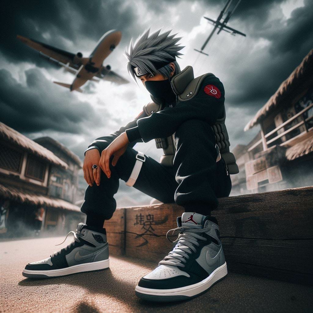 Kakashi Hatake sitting on a wooden crate in a village setting, wearing modern sneakers with planes flying in a dramatic cloudy sky above.