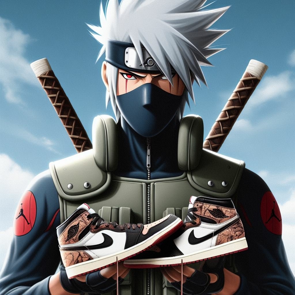Kakashi Hatake holding a pair of detailed black, white, and brown Nike sneakers against a blue sky background.