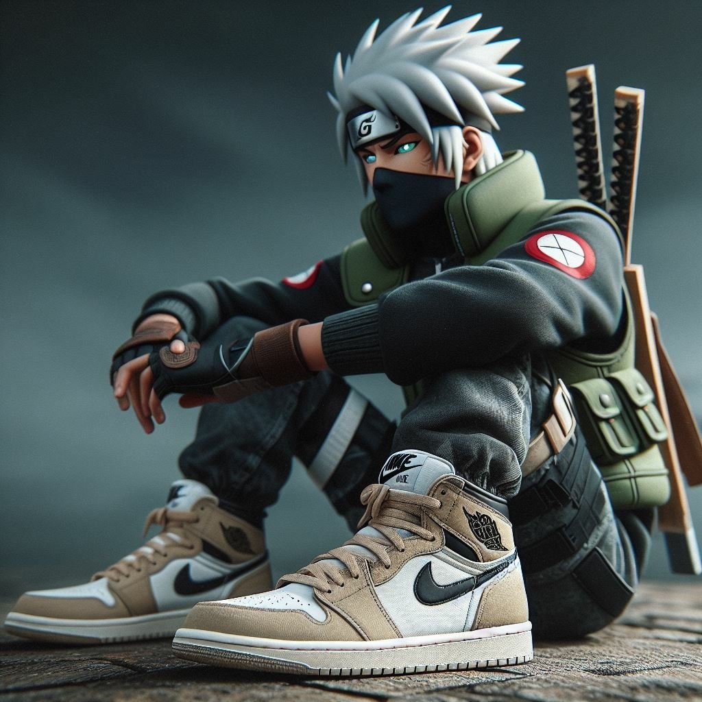 A detailed figure of Kakashi Hatake from Naruto, seated with arms resting on knees, wearing his signature headband, mask, and tactical gear, along with tan Nike sneakers.