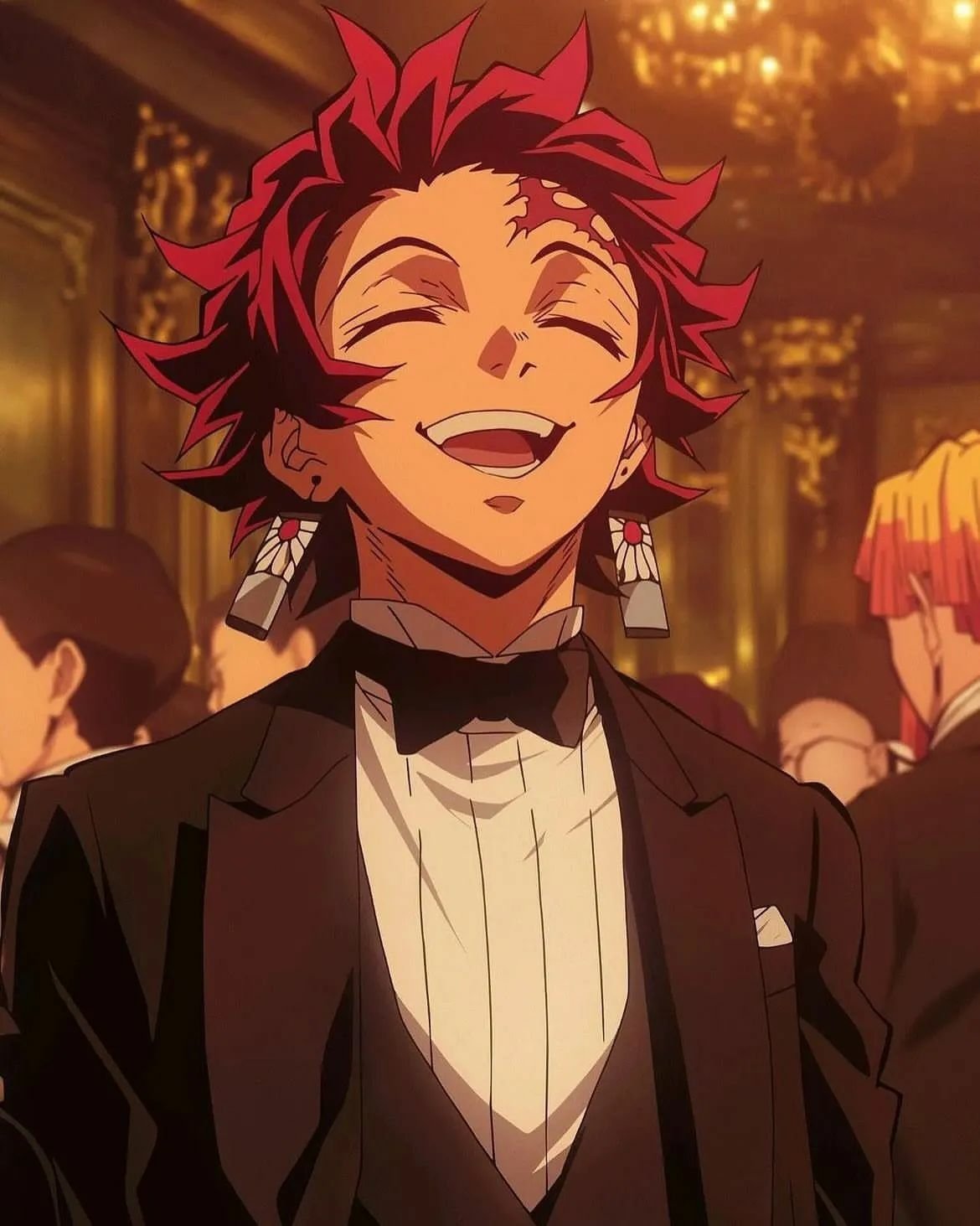 Tanjiro Kamado from Demon Slayer wearing a tuxedo, smiling brightly in an elegant, warmly lit ballroom filled with guests.