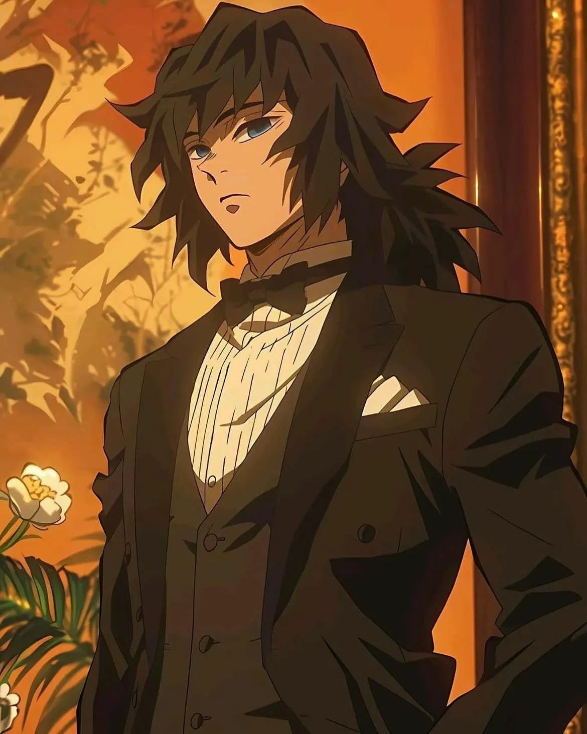 Giyuu Tomioka (Demon Slayer: Kimetsu no Yaiba) in a black tuxedo and vest, standing in a warm, ornate room with plants, wearing a serious, composed expression.