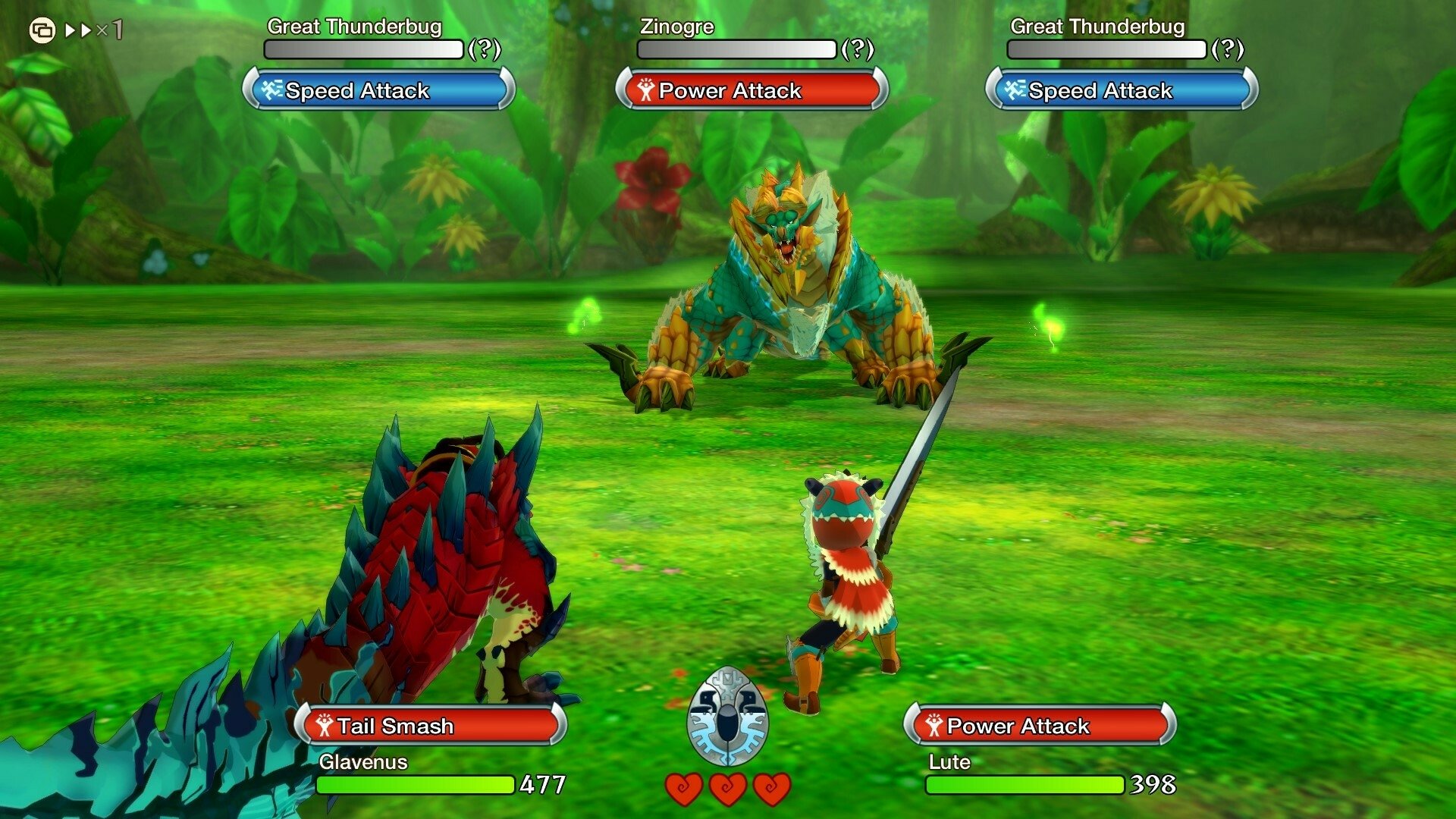 Screenshot of a battle in the video game Monster Hunter Stories, featuring a player and their monster facing off against a giant Tetsucabra and a Royal Ludroth in a lush, green environment.