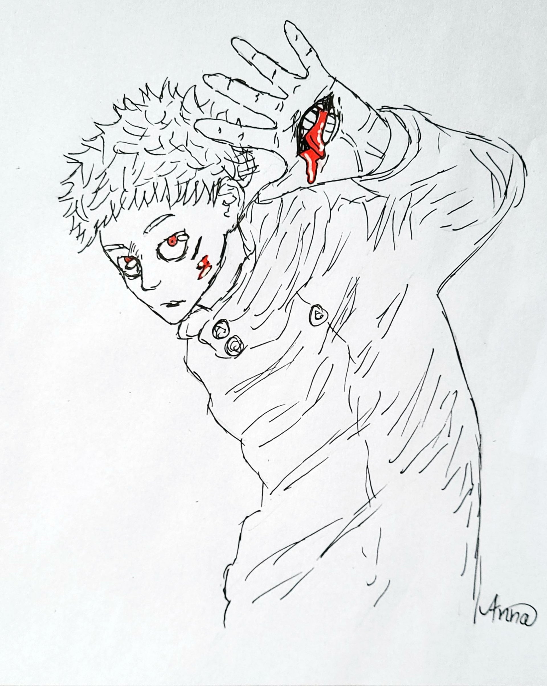 Line art of Yuji Itadori from Jujutsu Kaisen with red eyes and a bleeding hand raised, capturing a dynamic and intense moment.