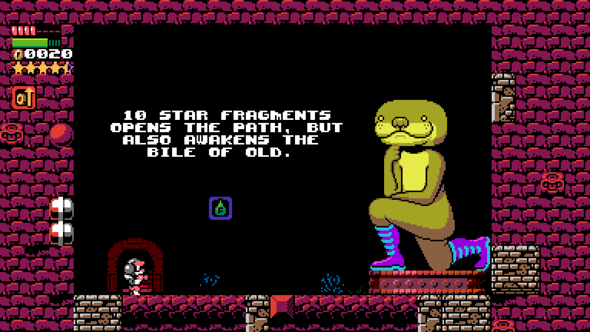A character stands before a giant creature with yellow skin and blue boots in a vintage pixel-art video game from UFO 50, text reads: 10 star fragments opens the path, but also awakens the bile of old.