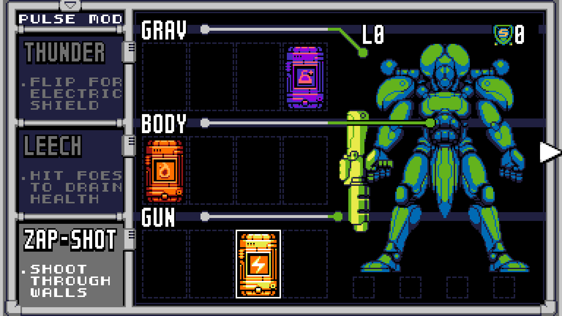 A screenshot from the video game UFO 50 showing a character customization screen with options for ‘Grav’, ‘Body’, and ‘Gun’. Different power-up modules can be selected for various abilities.