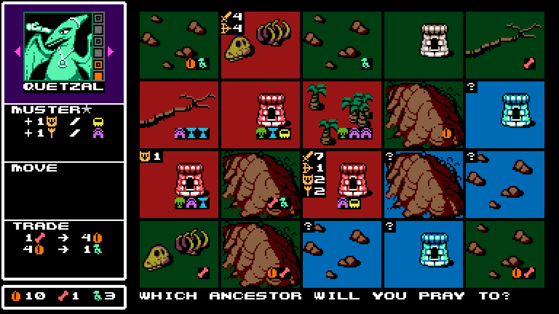 An in-game screenshot from the video game UFO 50, displaying a strategy grid with colorful landscapes, various icons, and a character named Quetzal. The text at the bottom reads, Which ancestor will you pray to?