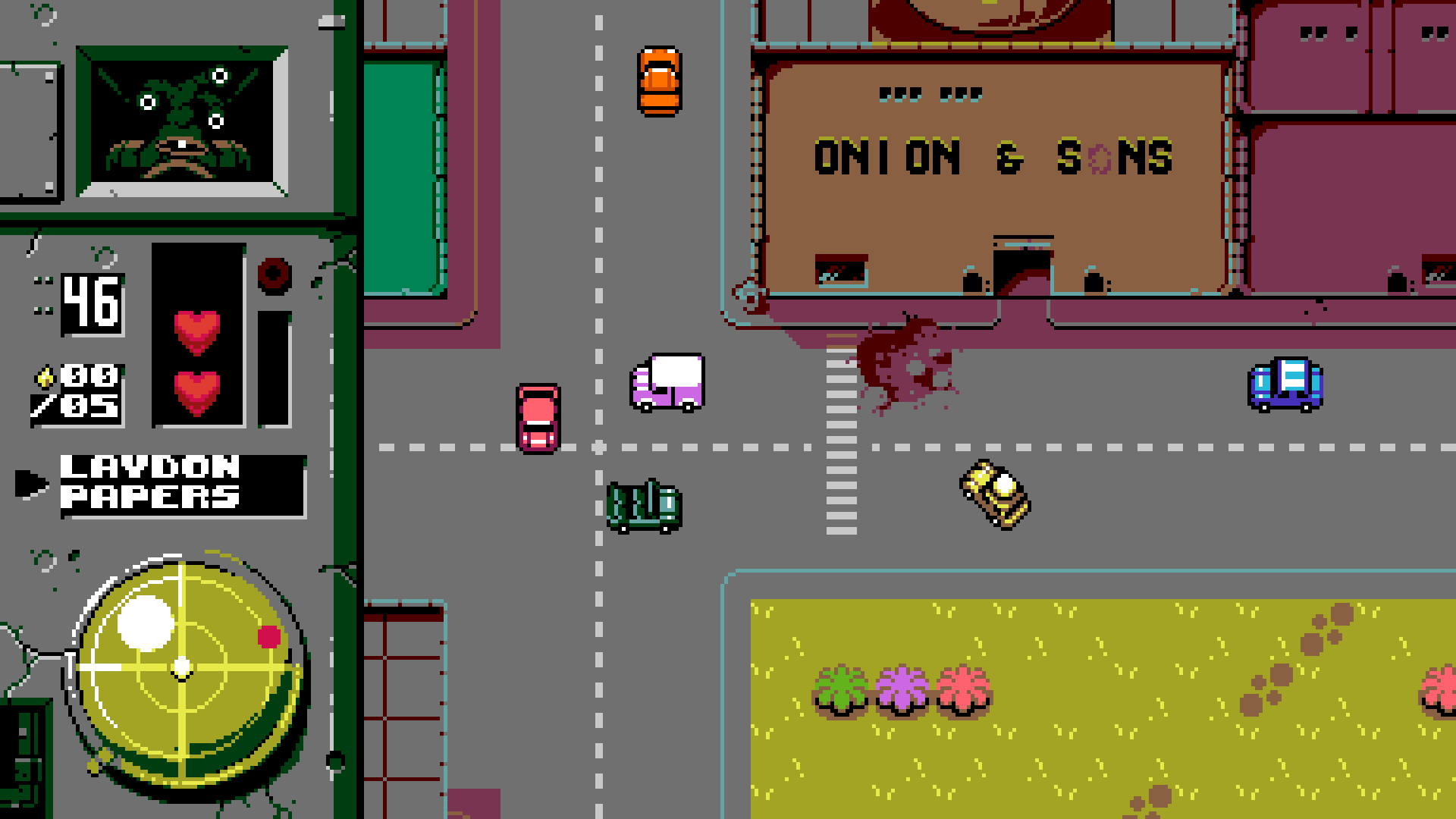 A screenshot from the video game UFO 50, showing a top-down view of a city street with colorful cars, a building labeled ONION & SONS, and a game interface displaying health and objectives.