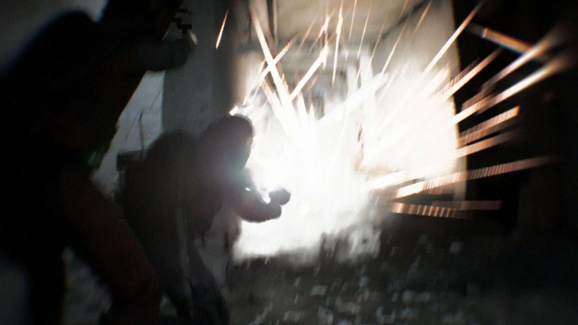 A person caught in an intense, explosive action scene captured from a bodycam perspective in a video game.