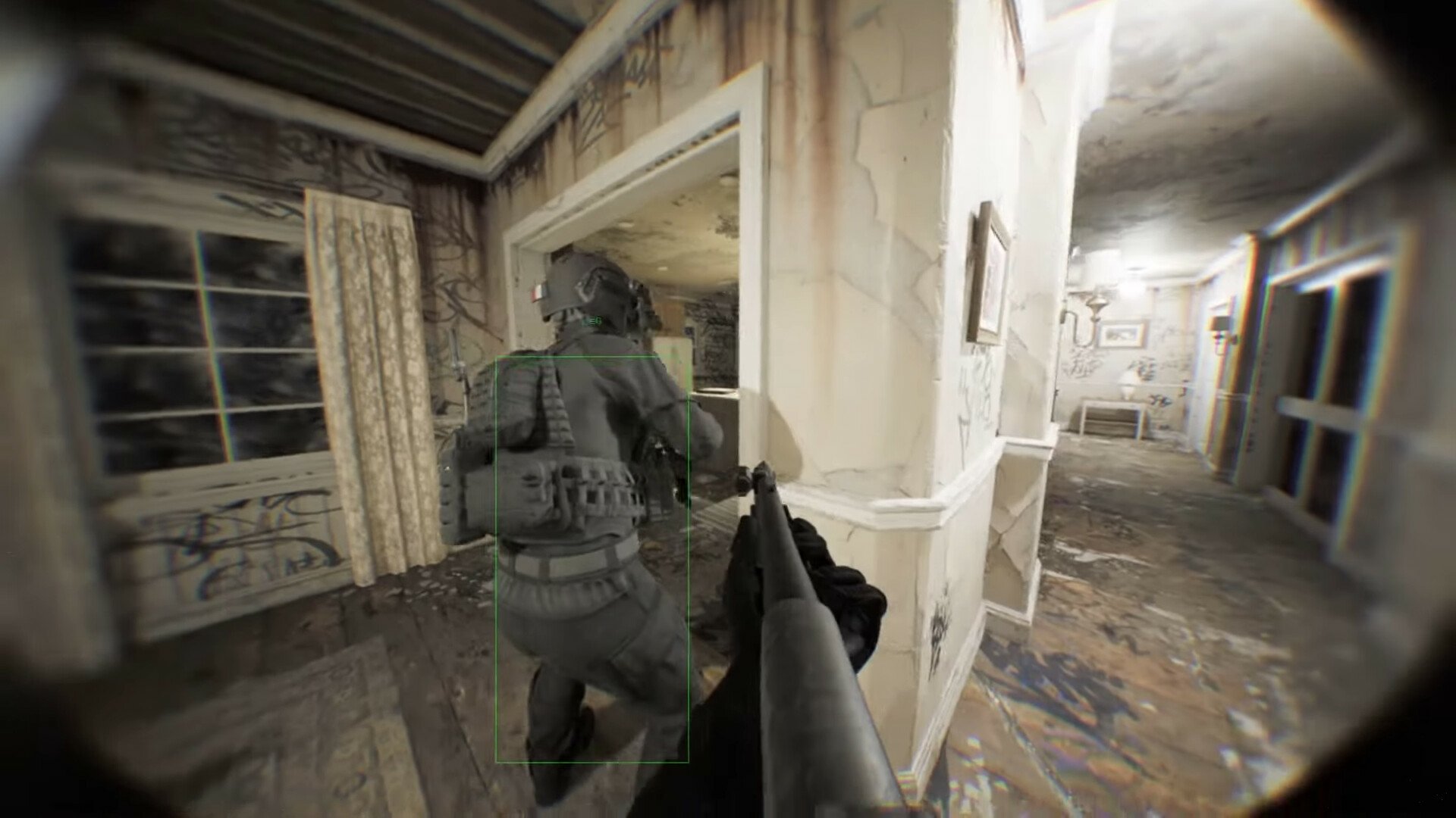 First-person view of a video game character wearing tactical gear in a dilapidated house, as seen through a bodycam lens.