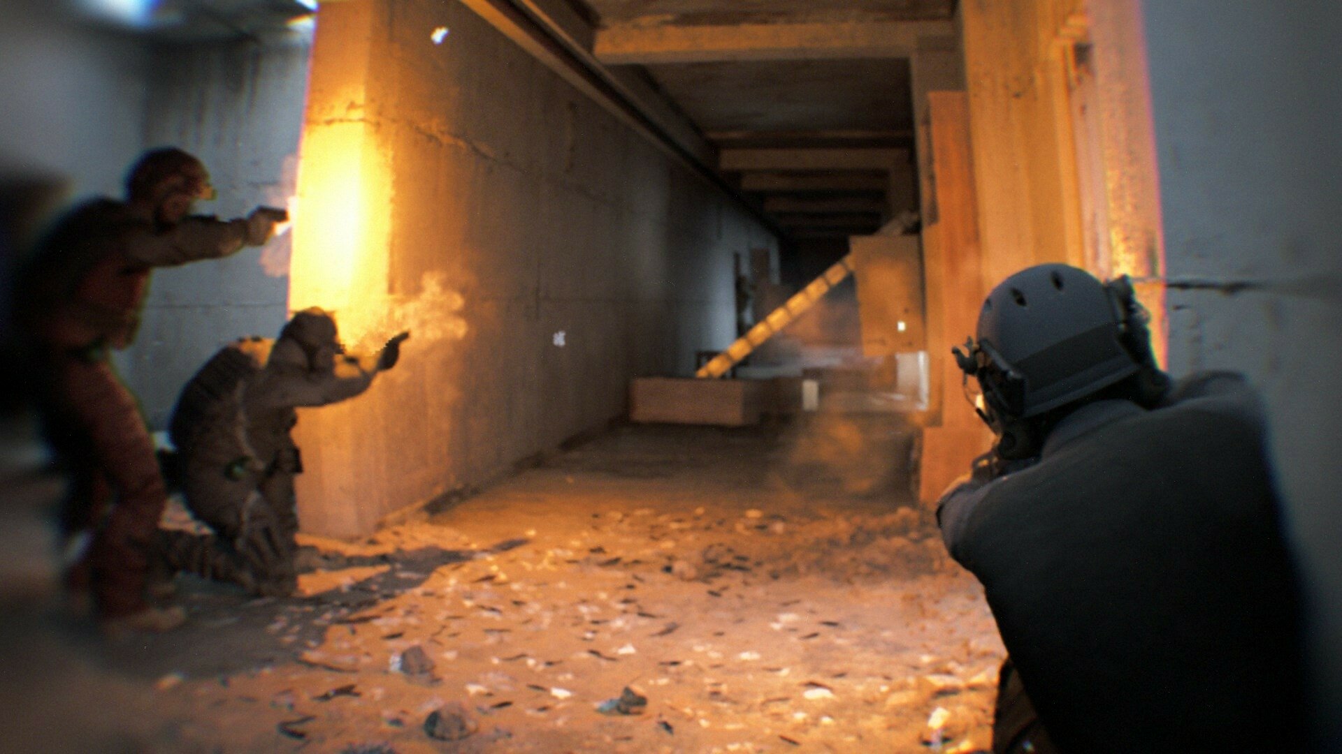A bodycam view depicting a video game action scene with armed characters navigating through a dimly lit, debris-filled corridor.