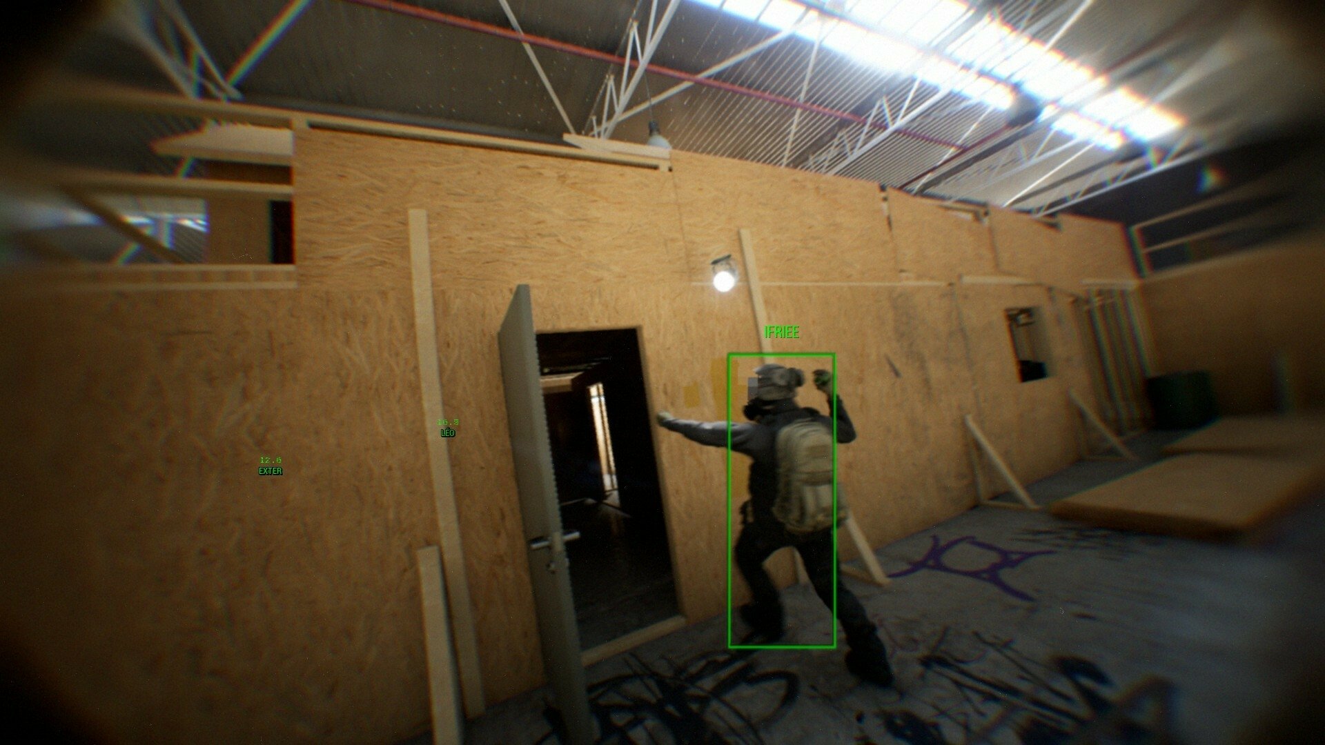 A bodycam view from a video game showing a player aiming a weapon inside an unfinished building with plywood walls and exposed ceiling beams.