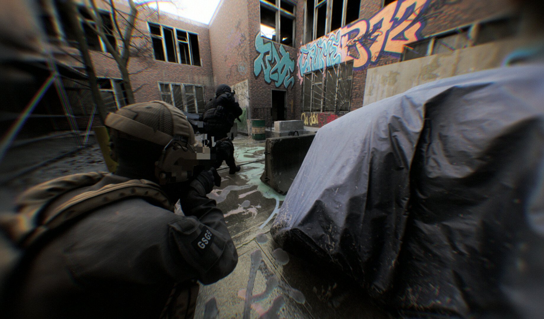 A bodycam perspective of a video game shows players in tactical gear navigating an abandoned, graffiti-covered building.