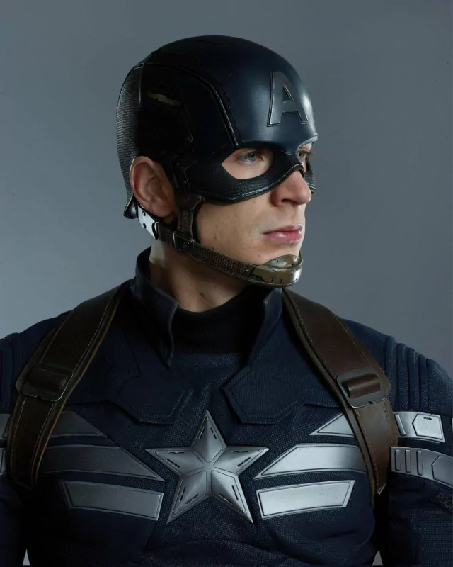 Captain America: The Winter Soldier - A superhero in patriotic attire holding a shield, ready for battle.