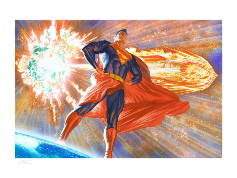 Superman illustrated by Alex Ross in a dynamic action pose against a vibrant city backdrop, showcasing his iconic heroic stance.