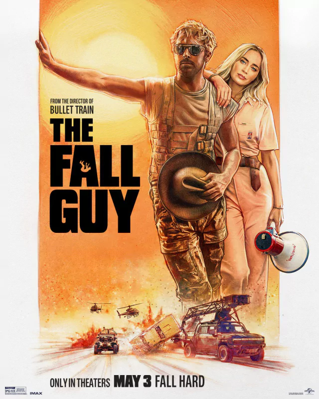 Poster for the movie The Fall Guy featuring a man in a stunt harness and a woman in pink, with action-packed car stunts in the background, releasing in theaters May 3.