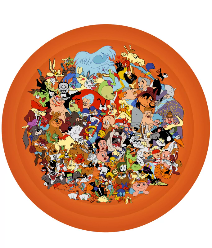 Colorful Looney Tunes characters having a lively discussion in a vibrant cartoon setting.