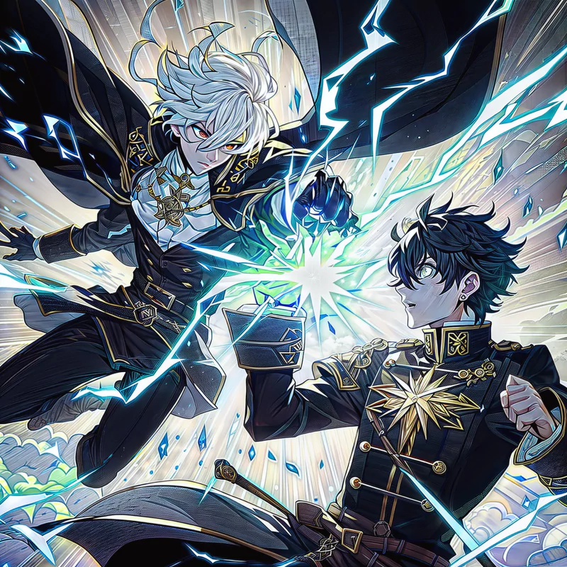 Two anime boys from Black Clover, Asta and Yuno, standing together in this vibrant illustration.