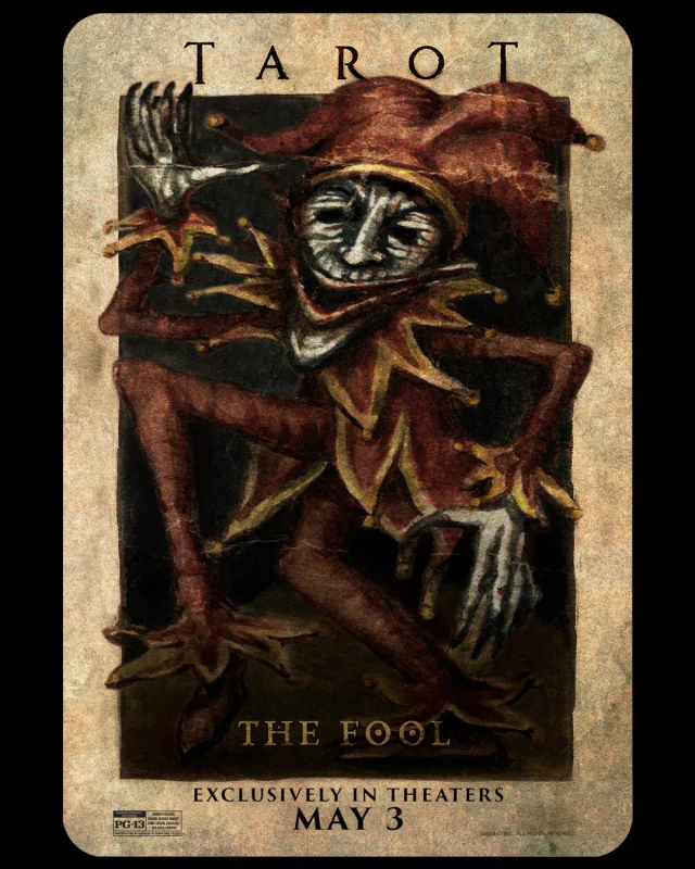 Promotional poster for the 2024 movie Tarot, featuring an artistic rendition of The Fool tarot card, with release details for May 3, exclusively in theaters.