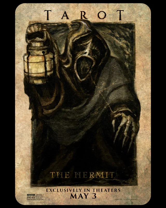 Promotional poster for the 2024 movie Tarot, depicting a ghostly figure holding a lantern, stylized as The Hermit tarot card, with a release date of May 3, exclusively in theaters.