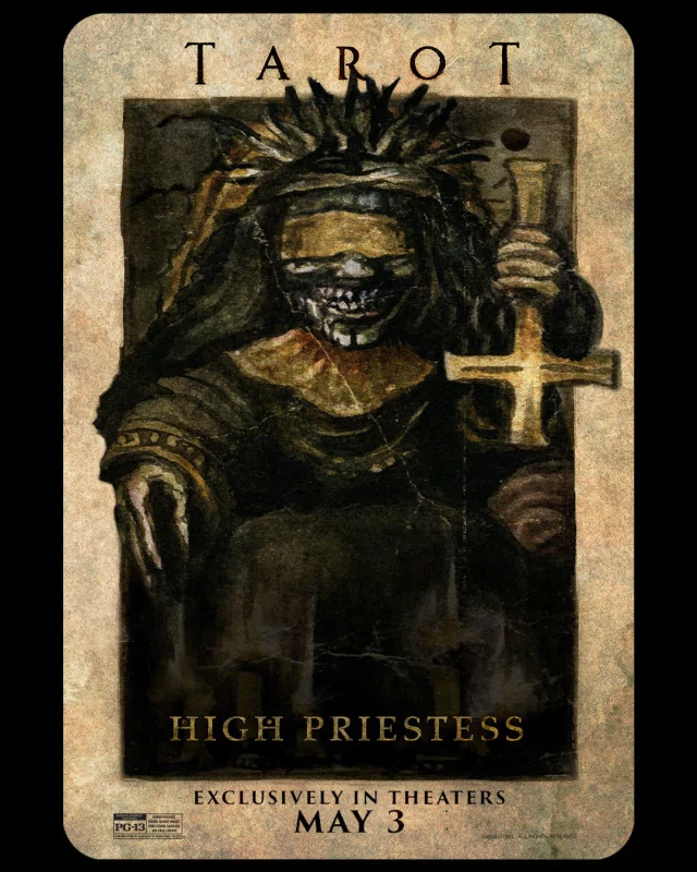 Promotional poster for the movie Tarot (2024) featuring a dark and textured depiction of the High Priestess tarot card, with a release date of May 3, exclusively in theaters.