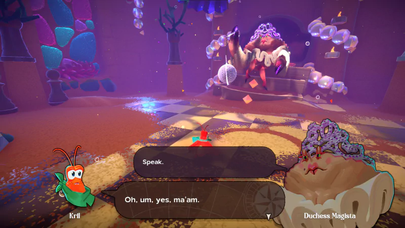 In-game screenshot from Another Crab's Treasure, showing the character Kril engaging in dialogue with Duchess Naglaxa in a stylized underwater environment.