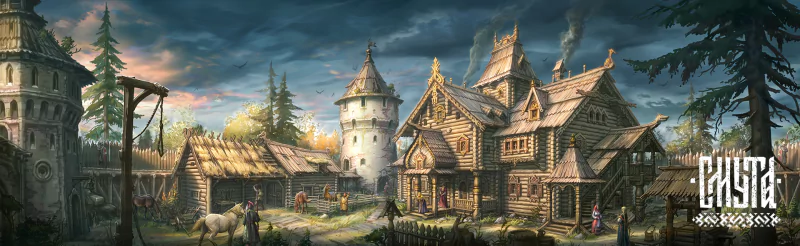 Artwork from the video game Smuta depicting a medieval village with rustic houses, a stone tower, and pastoral landscapes at sunset.
