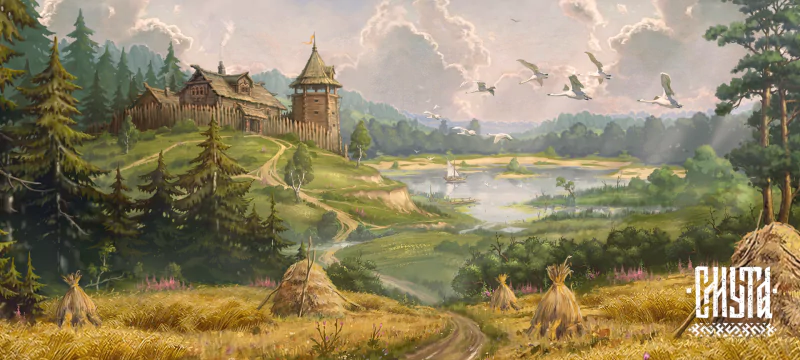 Artwork from the video game Smuta depicting a serene medieval landscape with a castle, a river, and flying birds amid rolling hills and fields.