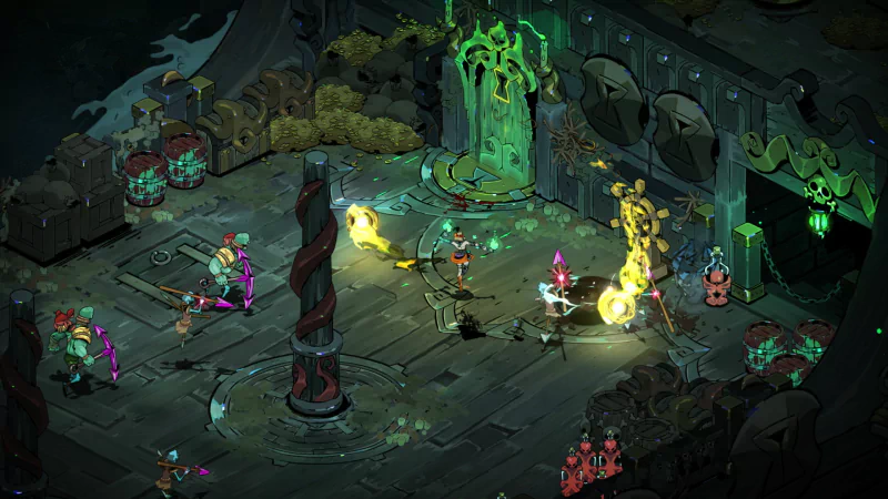 In-game scene from Hades II featuring characters engaged in a vibrant battle within a dimly lit, mythical dungeon setting.