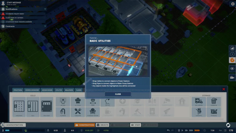 Screenshot from Prison Architect 2 showing an interface with a Basic Shelters blueprint, with nighttime prison construction in the background.