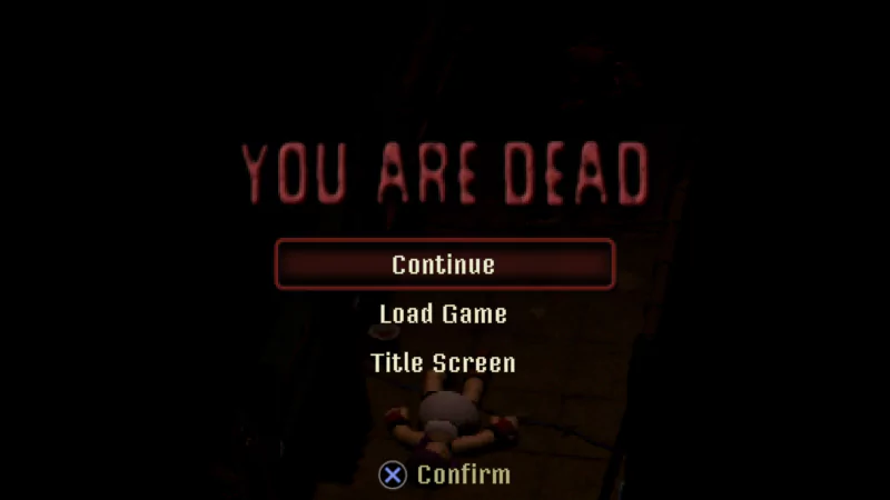 Screenshot from the video game Crow Country showing a game over screen with options to continue, load game, or return to the title screen.