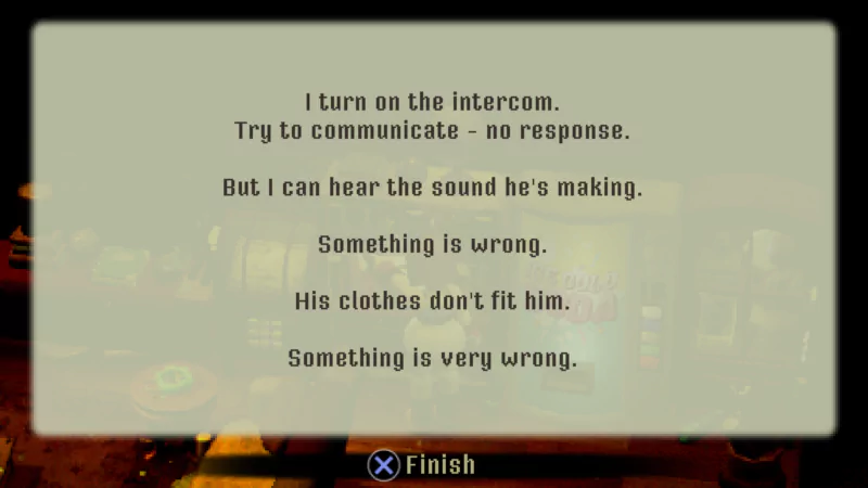 In-game dialogue from Crow Country displayed on a screen, indicating a communication attempt with no response and a disturbing observation about ill-fitting clothes.