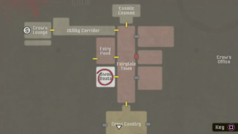 In-game map from Crow Country video game featuring locations like Cosmic Cosmos, Fairy Pond, and Crow's Office, with a key on the bottom right.