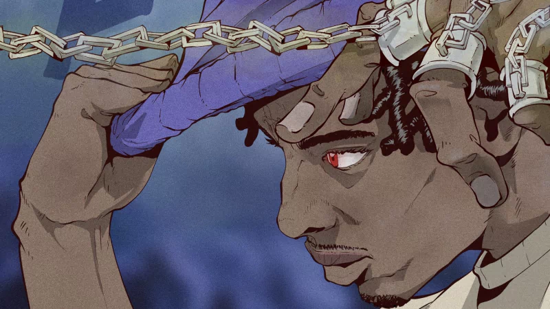 Young man with bright purple hair, similar to hxh character, standing confidently with LILUZI tagged behind him.