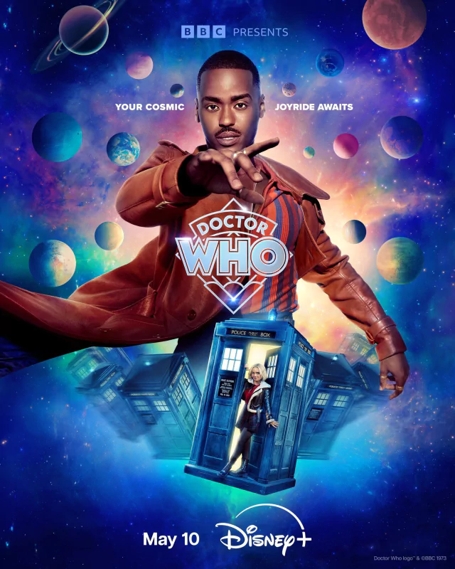 Promotional poster for Doctor Who featuring Ncuti Gatwa with the TARDIS in a cosmic setting, highlighting the show's 2023 season on Disney+.