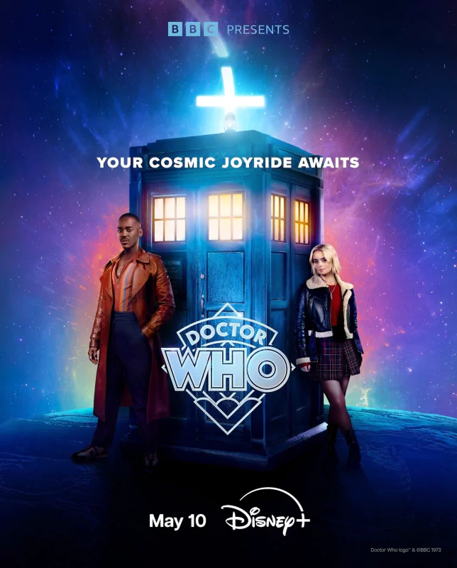 Promotional poster for Doctor Who (2023) featuring Ncuti Gatwa and a co-star, with the TARDIS, against a cosmic backdrop, announcing its release on Disney+ on May 10.